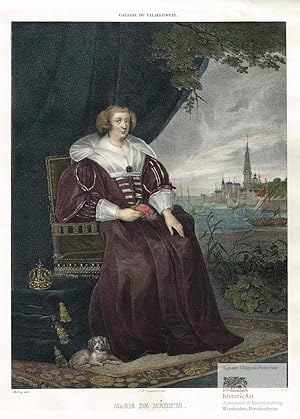 Seller image for Marie de Mdicis. Ganzfigur in einem Sessel sitzend, zu ihren Fen Hndchen und Krone. Groe altkolorierte Lithographie von Motte nach einem Gemlde von Belloy aus der "Galerie du Palais Royal" in Paris 1825 for sale by historicArt Antiquariat & Kunsthandlung