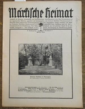 Bild des Verkufers fr Mrkische Heimat. 2. Jahrgang - Mrz 1924 - Nr. 3. Zeitschrift fr Wandern, Heimatpflege und Naturschutz sowie Jugendwandern i.d. Mark Brandenburg u.d. angrenzenden Gebieten. Gegrndet und herausgegeben vom Verband Mrkischer Wandervereine E.V. Aus dem Inhalt: Franz Lederer - Flmingwanderungen / A.W. Warnsdorf - die alte Eiche / Richard Paul - Sagen von den Markgrafensteinen / Johann Charlet - Baumblte im Vorfrhling / Fritz Rohde - Auch ein "Zurck zur Natur" / F.A. Schmidt - Wandern und Bergsport / Wanderziele - an der Briefe - Strausberg / Verbandsmitteilungen. zum Verkauf von Antiquariat Carl Wegner