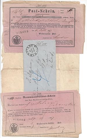 3 Original - Belege. Post-Schein - Briefumschlag mit Stempel " Darmstadt " und Recommandations-Sc...