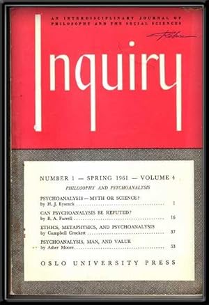 Bild des Verkufers fr Inquiry: an Interdisciplinary Journal of Philosophy and the Social Sciences, Volume 4, Number 1 (Spring 1961) ; Philosophy and Psychoanalysis zum Verkauf von Cat's Cradle Books