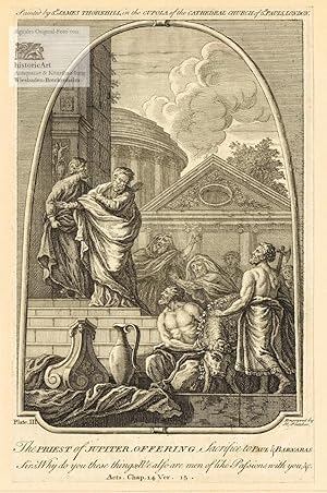 Bild des Verkufers fr The Priest of Jupiter, Offering Sacrifice to Paul & Barnabas Sirs, Why do you these Things? We also are men of like Passions with you etc. Der Priester des Jupiter-Tempels bietet Paul & Barnabas ein Tieropfer an. Szene aus der Apostelgeschichte in den Freskenmalereien von James Thornhill in der Kuppel der St. Pauls Kathedrale in London. Radierung von Henry Fletcher um 1750 zum Verkauf von historicArt Antiquariat & Kunsthandlung