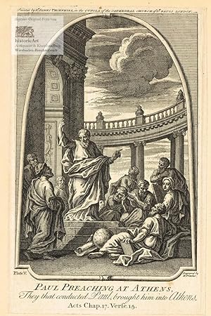 Immagine del venditore per Paul Preaching at Athens, They that conducted Paul, brought him into Athens. Paul predigt vor Gelehrten in Athen. Szene aus der Apostelgeschichte in den Freskenmalereien von James Thornhill in der Kuppel der St. Pauls Kathedrale in London. Radierung von Henry Fletcher um 1750 venduto da historicArt Antiquariat & Kunsthandlung