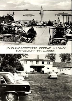 Bild des Verkufers fr Ansichtskarte / Postkarte Rangsdorf Brandenburg, Konsumgaststtte Seebad Kasino, Terrasse, Segelboot, Trabi zum Verkauf von akpool GmbH