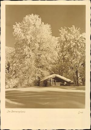 Ansichtskarte / Postkarte Im Sonnenglanz, Blockhütte umgeben von schneebedeckten Bäumen, Fotoverl...