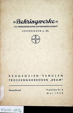 Behringwerke I. G. Farbenindustrie Aktiengesellschaft. Reagenzien/Venülen. Trockennährböden Bram.