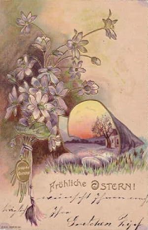 Fröhliche Ostern. Geprägte Postkarte in farbiger Lithographie. Abgestempelt Hamburg 03.04.1912.