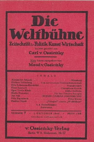 Bild des Verkufers fr Politik, Kunst, Wirtschaft. Zuletzt herausgegeben von Carl v. Ossietzky. Neu herausgegeben von Maud v.Ossietzky. Nummer 7 1.Oktober 1946. zum Verkauf von Antiquariat Heinz Tessin