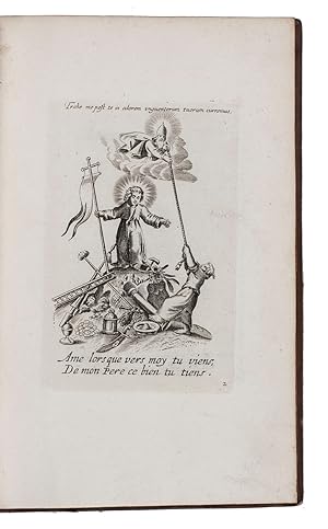 Immagine del venditore per Les emblmes d'amour divin et humain ensemble. Expliquez par des vers Franois. Par un pere Capucin.[Paris, ca. 1745]. 8vo. With an engraved title-page and 118 numbered full-page engraved emblems. Contemporary gold-tooled mottled calf, sewn on 4 recessed cords, the spine divided into 6 fields by fillets, the 2nd with a red morocco label and each of the others with a flower (closed thistle?) and several small stamps, each board with a frame of triple fillets with a second flower inside each corner and a star at each corner intersection, gold fillets on board edges, gilt edges, marbled endpapers (red, yellow, green, blue and white, curled). venduto da ASHER Rare Books