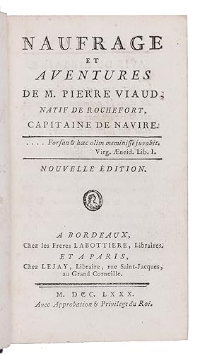 Bild des Verkufers fr Naufrage et aventures de M. Pierre Viaud; natif de Rochefort, capitaine de navire.Bordeaux, the Labottiere brothers; Paris, Lejay, 1780. With: (2) [POIVRE, Pierre]. Voyage d'un philosophe, ou observations sur les moers & les arts des peuples de l'Afrique, de l'Asie et de l'Amerique.Yverdon, 1768. 2 works in 1 volume. 8vo. Contemporary gold-tooled tree calf, richly gold-tooled spine; very subtly rebacked, preserving original backstrip. zum Verkauf von Antiquariaat FORUM BV