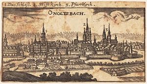 Ansbach. - Onolzbach. Kupferstich. Ansicht mit Legende um 1780. 6,3 x 11,3 cm. - montiert auf Kar...