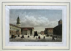 Der Marktplatz in Carlsruhe. Auf dem Blatt bezeichnet mit Gez. v. J. Pozzi Stahlstich v. Joh. Poppl.
