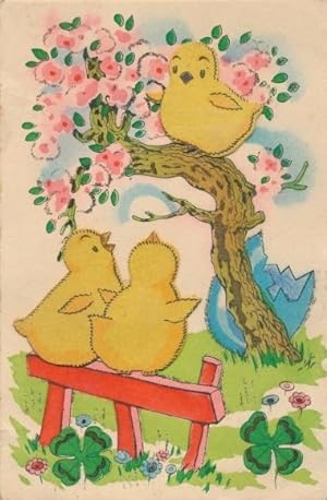 Material Ansichtskarte / Postkarte Glückwunsch Ostern, Geschlüpftes Küken auf einem blühenden Str...