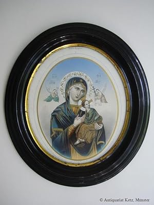 Maria mit Jesus und Engel. Ovale Chromolithographie im originalem Rahmen (schwarze, profilierte L...