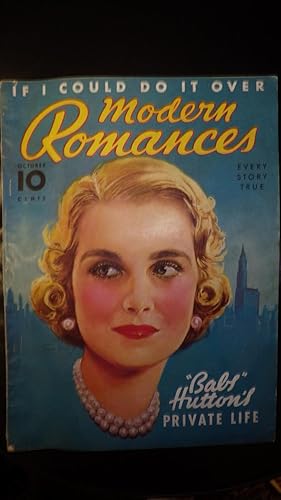 Imagen del vendedor de RARE Modern Romances October 1938 MAGAZINE, Lovely Color Painting of Face of Beautiful American Woolworth Heiress Barbara Hutton on Cover with Pearls & Blonde Hair, Babs Huttons Private Life, Every Story True, ( Ads or Stories Norma Shearer in Marie Ant a la venta por Bluff Park Rare Books