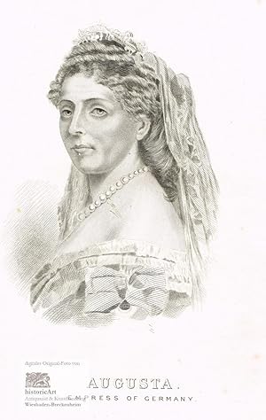 Augusta. Empress of Germany. Brustbild nach halblinks mit Perlenkette und Krone. Stahlstich um 1880