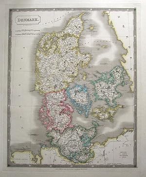 DENMARK Sidney Hall large original hand coloured antique map 1828