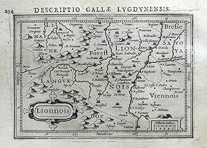 Antique Map LYONNAIS, LYON, ROANNE, St.ETIENNE, VIENNE, FRANCE, BERTIUS 1618