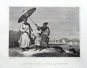 CHINA, CHINESE LADY, CHILD & SERVANT Antique Print 1807