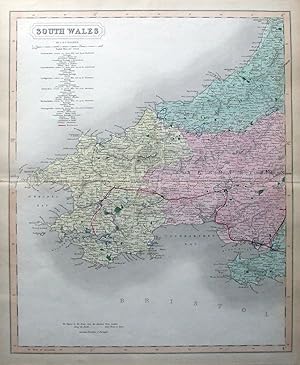Antique Map SOUTH WALES, J&C.WALKER, railways, original hand coloured 1858