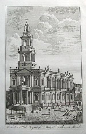 St. MARY'S CHURCH, THE STRAND, LONDON, Maitland original antique print 1756