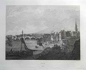 AYR TOWN VIEW, AYRSHIRE, SCOTLAND, original antique print 1819