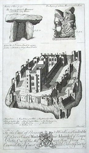 DOVER CASTLE, KENT, HARRIS original bird's eye antique print 1719