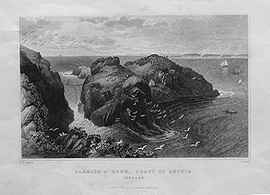 IRELAND CARRICK A REDE ROPE BRIDGE BALLINTOY ANTRIM Original Antique Print 1844