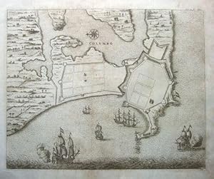 COLOMBO PLAN, SRI LANKA, CEYLON. CHURCHILL'S VOYAGES. antique map 1744.