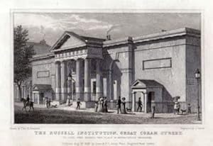 RUSSELL INSTITUTION GREAT CORAM St. CAMDEN, LONDON Original Antique Print 1828