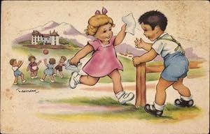 Bild des Verkufers fr Knstler Ansichtskarte / Postkarte Gougeon, T., Kinder spielen Ball, Mdchen rennt zu einem Jungen zum Verkauf von akpool GmbH