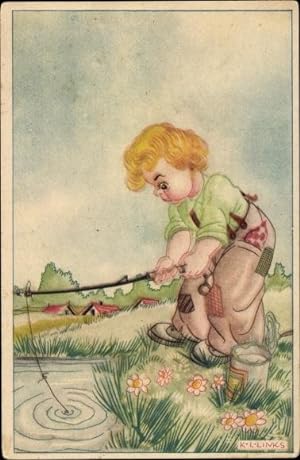 Bild des Verkufers fr Knstler Ansichtskarte / Postkarte Links, Karel L., Blonder Junge in geflickter Hose beim Angeln zum Verkauf von akpool GmbH