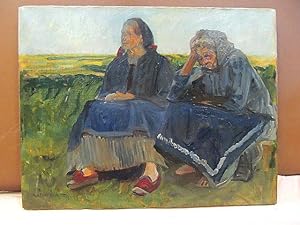2 sitzende alte Frauen ( Bäuerinnen ) am Feld.