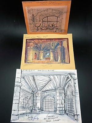 Dessin original. Projet de décor de scène de Théâtre, d'Opéra ou d'Opérette. Décor "Prison" et "D...