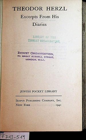 Bild des Verkufers fr Theodor Herzl : excerpts from his diaries. ( Jewish pocket library) zum Verkauf von ANTIQUARIAT.WIEN Fine Books & Prints