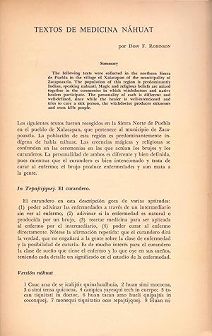 Seller image for TEXTOS DE MEDICINA NAHUAT (8 PAGINAS, ORIGINALES DEL AO 1961, ESTUDIO COMPLETO TEXTO INTEGRO) for sale by Libreria 7 Soles