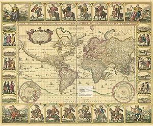 Seller image for Nova totius terrarum orbis geogrphica ac hydrographica tabula. Farbiger Reprint einer Weltkarte der Kontinente und Meere, umgeben von zahlreichen kleinen Ansichten berhmter Eroberer und Feldherren sowie Stadt- und Landschaftsansichten von Rom, Amsterdam, Jerusalem, Tunis, Mexiko, Havanna, Pernambuco und San Salvador sowie Darstellungen der Europa und europischer Vlker, der Afrika auf einem Krokodil mit Ansichten von Afrikanern, der Asia auf einem Kamel und asiatischen Vlkern sowie der Amerika auf einem Grteltier mit Vlkern Mittel- und Sdamerikas for sale by historicArt Antiquariat & Kunsthandlung