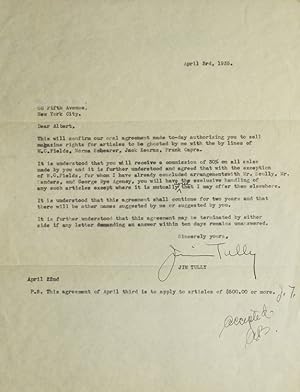 Carbon Typed Letter, Signed. Contract between Tully and Albert Boni, Publisher for the sale of ma...