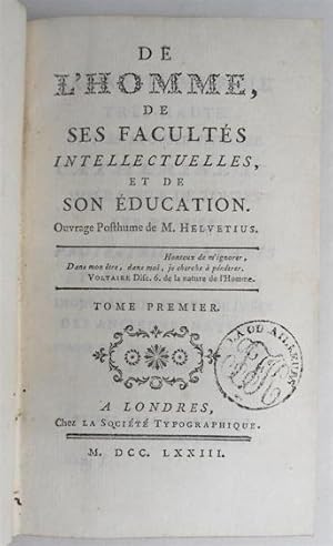 Bild des Verkufers fr De l?homme de ses facults intellectuelles et de son ducation. Ouvrage posthume. 2 vol. zum Verkauf von Antiquariat Fatzer ILAB