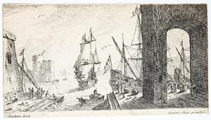 [Antique print, etching] Harbour scene with a Lage Arch on the Quay (Haven bij de kade), publishe...