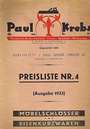 Paul Krebs. Möbelschlösser und Eisenkurzwaren. Preisliste Nr. 4 (Ausgabe 1933).