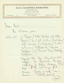 Imagen del vendedor de Handwritten and autographed manuscript on letterhead addressed to Herb Yellin of the Lord John Press. a la venta por Wittenborn Art Books