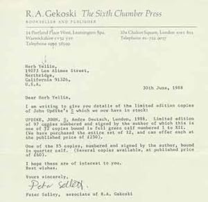 Bild des Verkufers fr Signed letter from Peter Selly, associate of R. A. Gekoski of the The Sixth Chamber Press, sent to Herb Yellin of the Lord John Press. zum Verkauf von Wittenborn Art Books