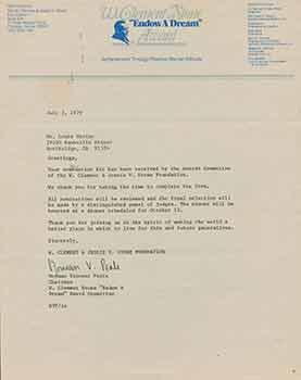 Signed letter from Norman Vincent Peale of W. Clement Stone Award, sent to Herb Yellin of the Lor...