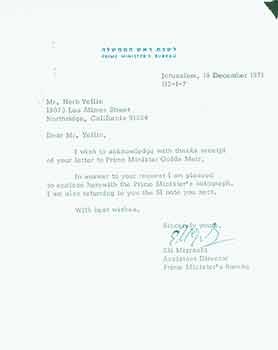 Seller image for Signed letter from Eli Mizrachi of Prime Minister's Bureau, Israel, sent to Herb Yellin of the Lord John Press. for sale by Wittenborn Art Books