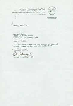 Signed letter from Arthur Schlesinger, Jr. of The City University of New York, sent to Herb Yelli...