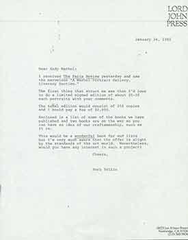 Seller image for Letter from Herb Yellin of the Lord John Press to Andy Warhol. for sale by Wittenborn Art Books