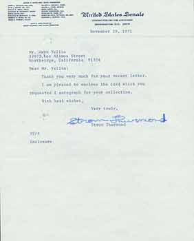 Signed letter from United States Senator Strom Thurmond to Herb Yellin of the Lord John Press.