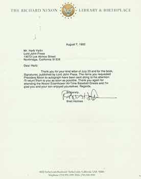 Signed letter from Brett Holmes of The Richard Nixon Library & Birthplace, to Herb Yellin of the ...