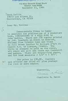 Signed letter from Charlotte M. Smith of Tamazunchale Press, to Herb Yellin of the Lord John Press.