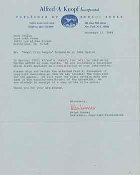 Signed letter from Helen Sumser of Alfred A. Knopf to Herb Yellin of the Lord John Press.